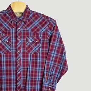 Wrangler Western‎ Fashion Snap Shirt Men's Burgundy Blue Plaid XL